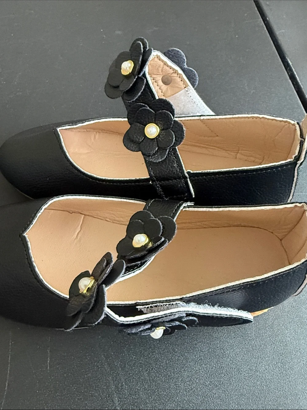 Kids Black Mary Jane Dress Shoes with Flower Strap